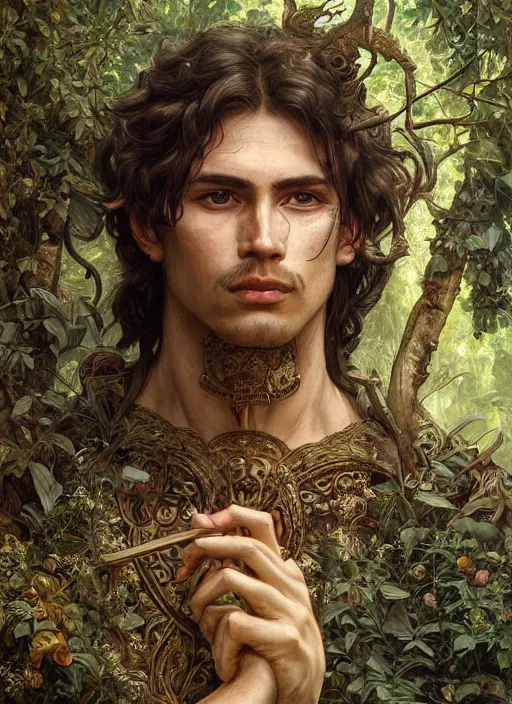 Prompt: intricate detailed portrait painting of a male warrior on a beautiful forest meadow, temple ruins surrounded by lush forest, afternoon, intricate, elegant, highly detailed, digital painting, sharp, focus, illustration art by artgerm and greg rutkowski and alphonse mucha