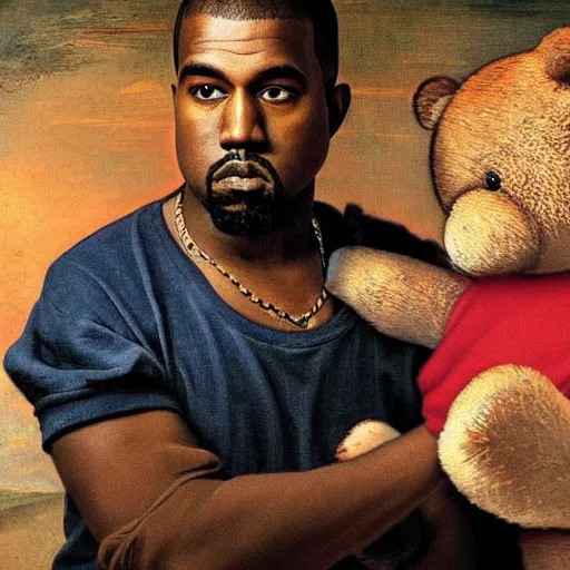 Image similar to A renaissance painting of Kanye West with a anthropomorphic Teddy Bear mascot, portrait, Wyoming in background,