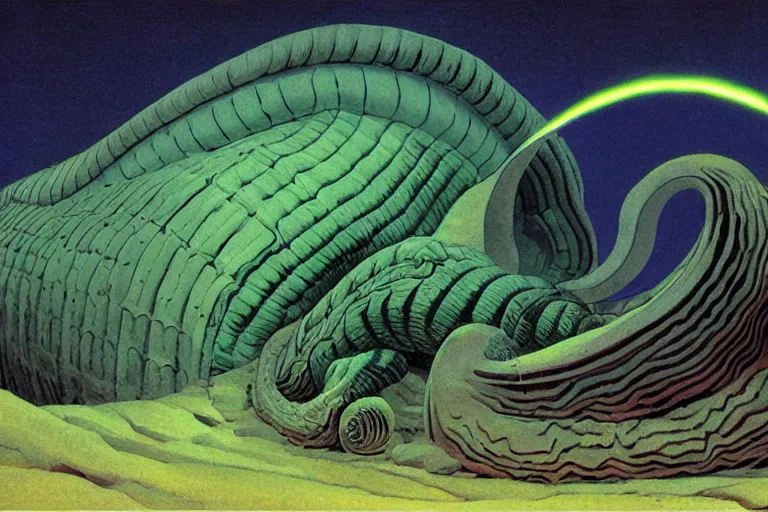 Image similar to angry, screaming nautilus sandworm, made of neon light volumetric lighting, by caspar david friedrich and wayne barlowe and ted nasmith