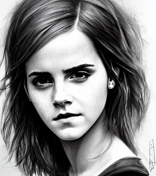 Image similar to emma watson, beautiful piercing eyes, realistic face, black and white drawing, in the style of greg rutkowski, fantasy, amazing detail, epic, intricate, elegant, smooth, sharp focus