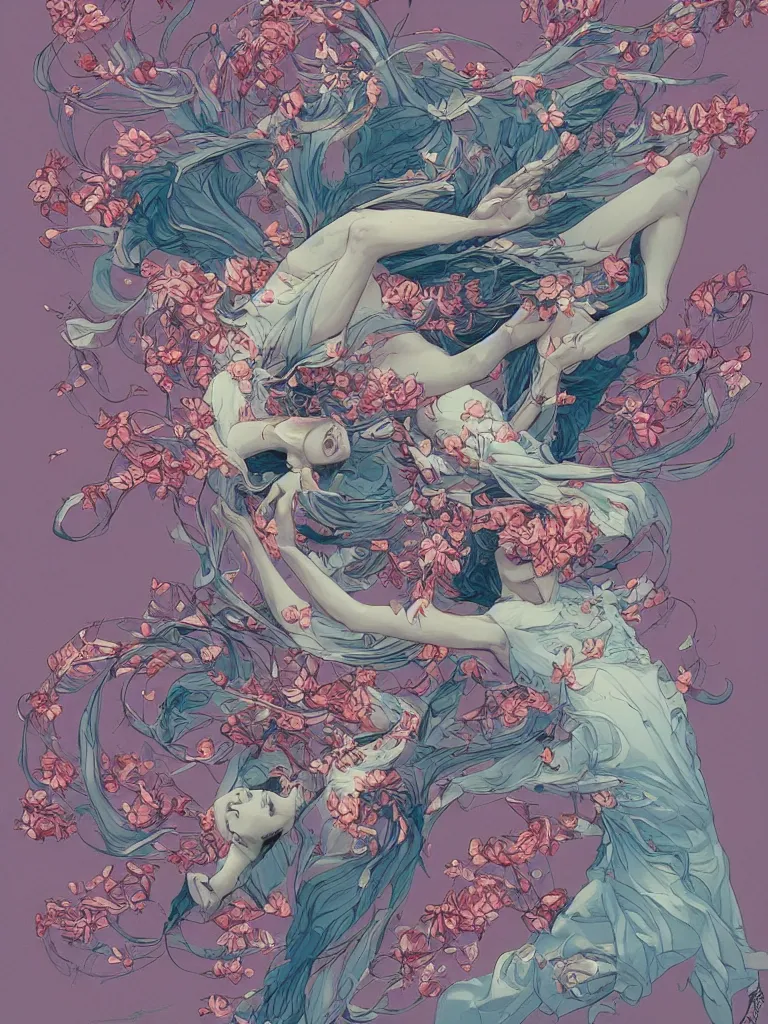 Image similar to a flying body covered in flowers in a dynamic pose, in the style of james jean and peter mohrbacher, highly detailed, soft lighting, art nouveau patterns, trending on artstation