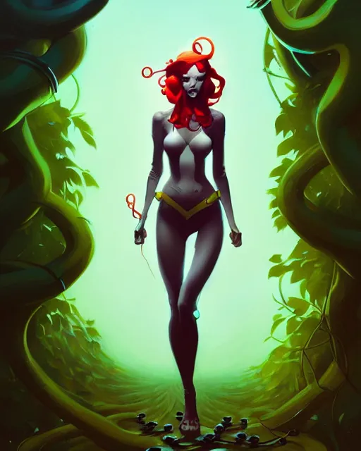 Image similar to peter mohrbacher, phil noto comicbook cover art, artgerm, emma stone poison ivy, vines, symmetrical eyes, full body, city rooftop