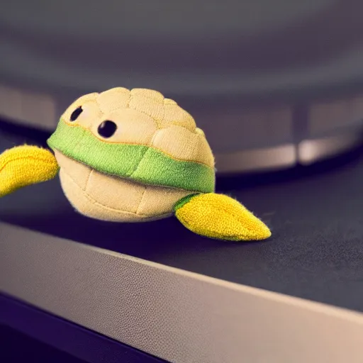 Image similar to a cute turtle plushie on top of a vinyl record player, 30mm, trending on ArtStation, deviantart, high detail, stylized portrait