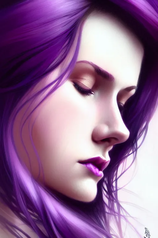 Prompt: Purple hair, creative colouring Portrait of woman face profile, fashion, colored strands of hair, intricate, elegant, highly detailed, digital painting, artstation, concept art, smooth, sharp focus, illustration, art by artgerm and greg rutkowski and alphonse mucha