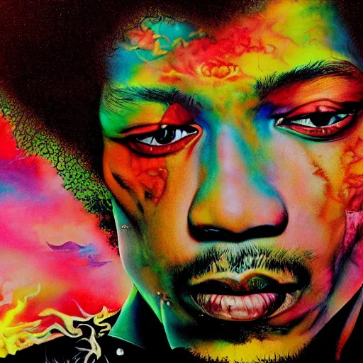 Image similar to colour masterpiece surreal closeup portrait photography jimi hendrix by miho hirano and annie leibovitz and michael cheval, psychedelic smoke background, 8 k