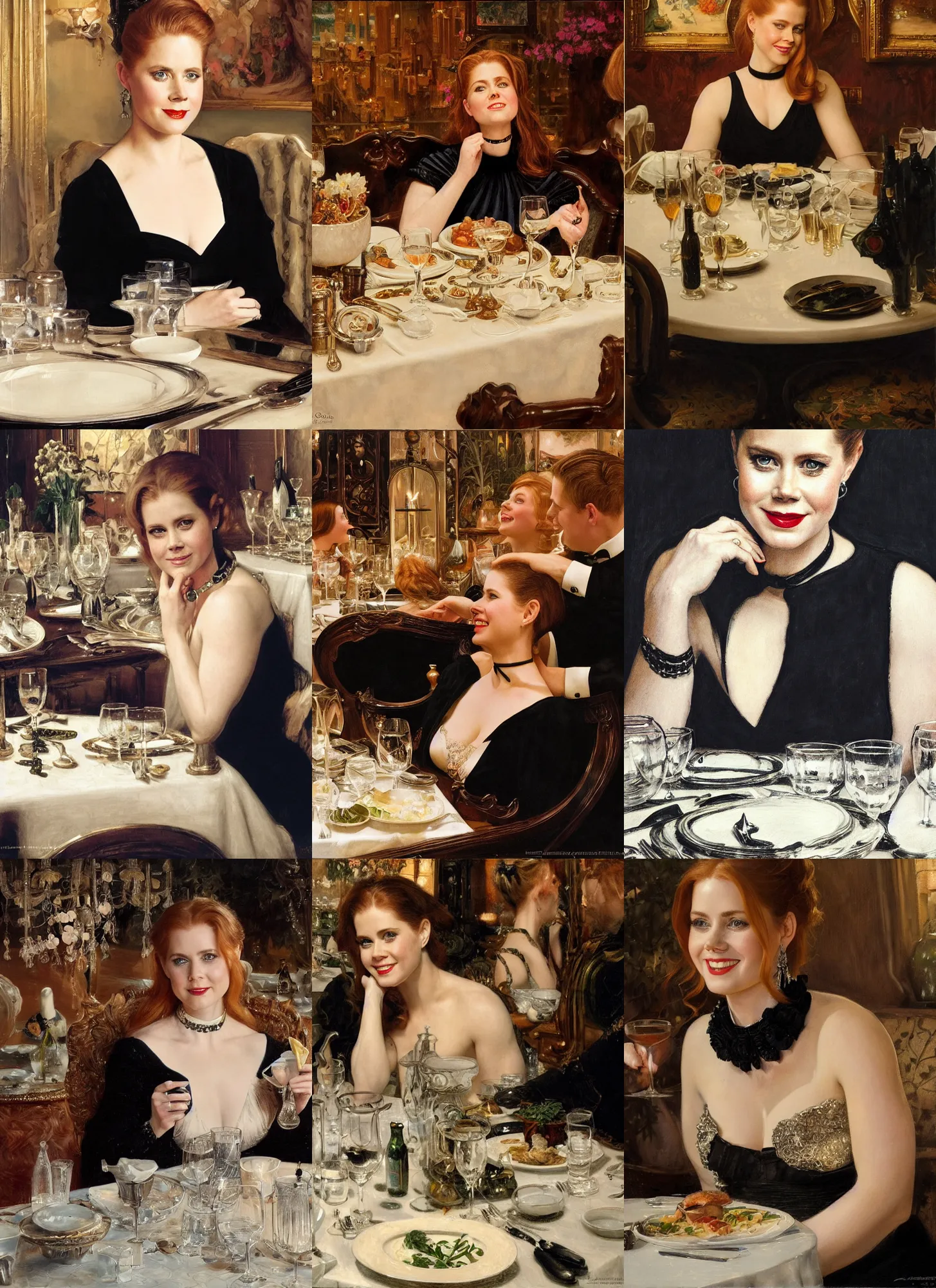 Prompt: dinner with amy adams smiling sitting across the camera wearing a black choker staring into the camera in an expensive private restaurant, 1 9 6 0, intricate, elegant, tasteful, highly detailed, shallow depth of field, artgerm, donato giancola, joseph christian leyendecker