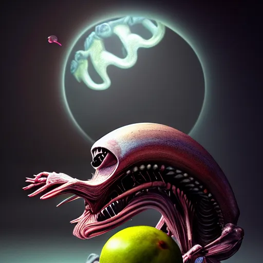 Image similar to beautiful digital fantasy illustration of alien fruit, a creepy dog attacking a stuffed animal, octane render, detail texture, unreal engine, 8 k, a surrealist sculpture by ryohei hase, ultra hyper realistic quality, marble sculptures