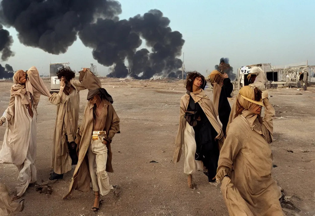 Image similar to fashion editorial in Kuwait oil fields fire. 1991. wide angle shot. highly detailed. depth of field. high definition. 8k. photography.