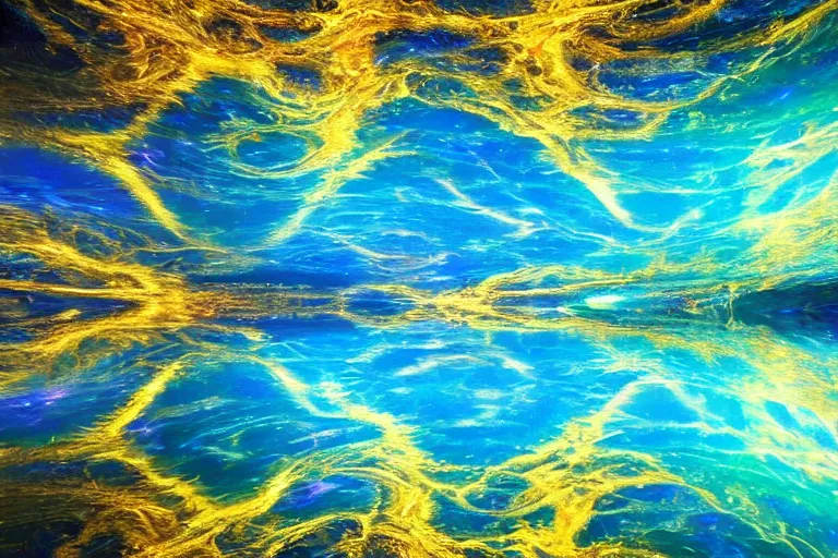 Image similar to Beautiful impressionistic painting, of fractal cosmic lights, water reflection, intricate details, high quality, 8k, wide lens atmospheric photo, color grading !dream