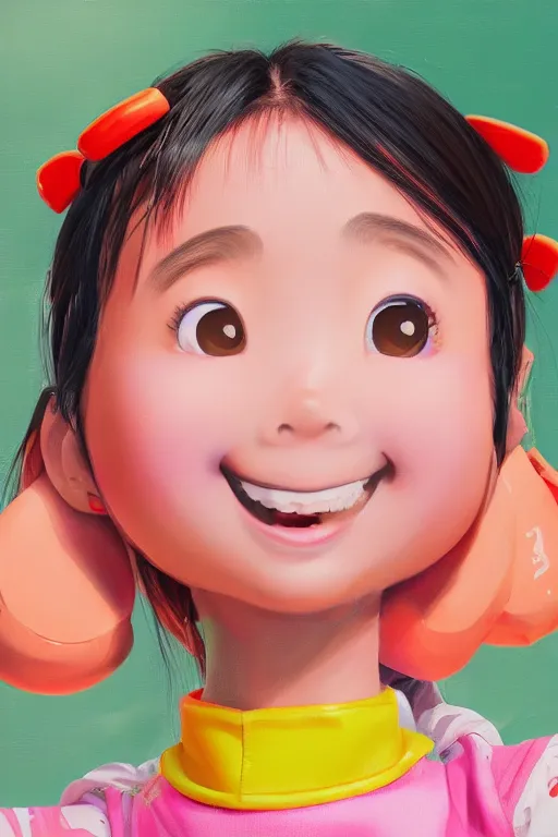 Image similar to a painting of cute Asian girl smiling, plastic overalls, in the style of Pixar animation, low angle view, 16mm lens, award winning, hyper detailed, dramatic lighting, artstation, octane renderer, unreal engine