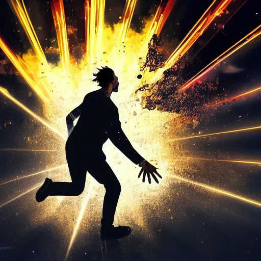 Image similar to man hitting the ground creating a explosion, anime, album cover, musical notes