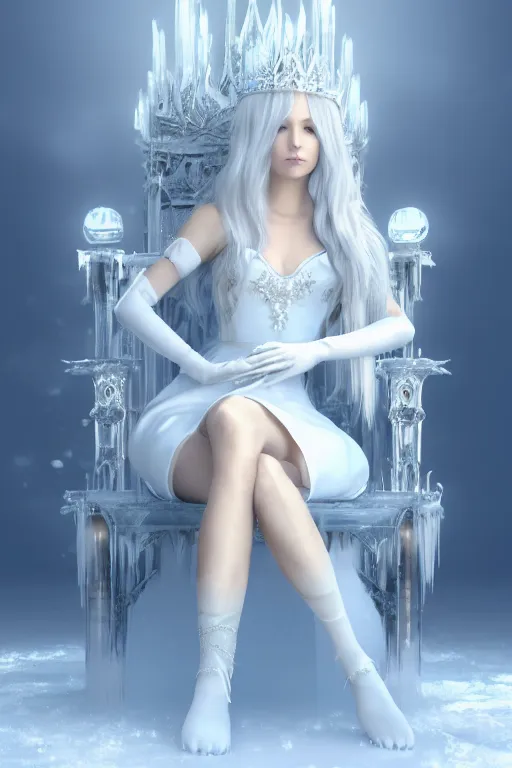 Prompt: Ice Princess, white long hair, sky blue eyes, short white silk dress, white long gloves, feet showing, legs crossed, arms crossed, crown made of ice, sitting on throne, frost, fantasy, elegant, artstation, hard focus, octane render