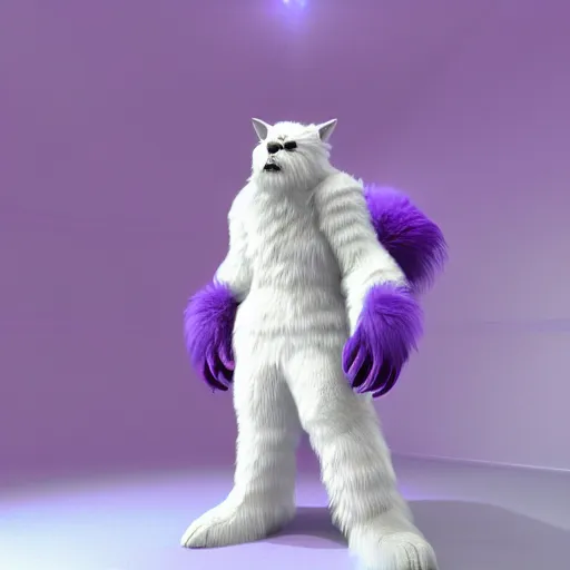 Image similar to a photo of a white fur monster standing in a purple room, cinema 4 d, octane render, 3 d