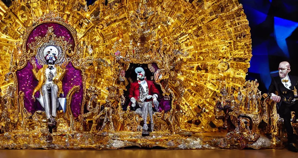 Image similar to shining majestic throne made of millions of diamonds, gold and zaphires with thousands of light reflections, and a clown on a suit is sitting on the throne while handing a globe, cartoon style, dramatic light