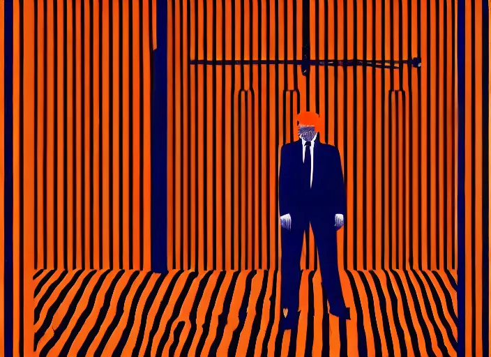 Image similar to Trump in striped prison outfit handcuffed, Mads Berg, Karolis Strautniekas,stippled light, dramatic lighting,fine texutre, editorial illustration,matte print, film noir, dark blue+dark orange+orange+beige+black+white,dynamic composition,moody