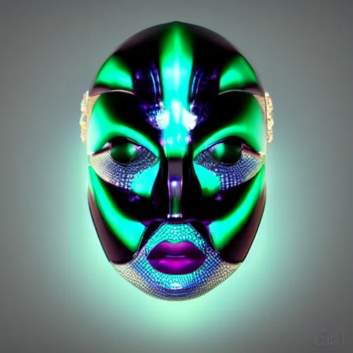 Image similar to futuristic cybernetic geisha mask made of malachite, studio lighting, cinema 4 d, trending on artstation