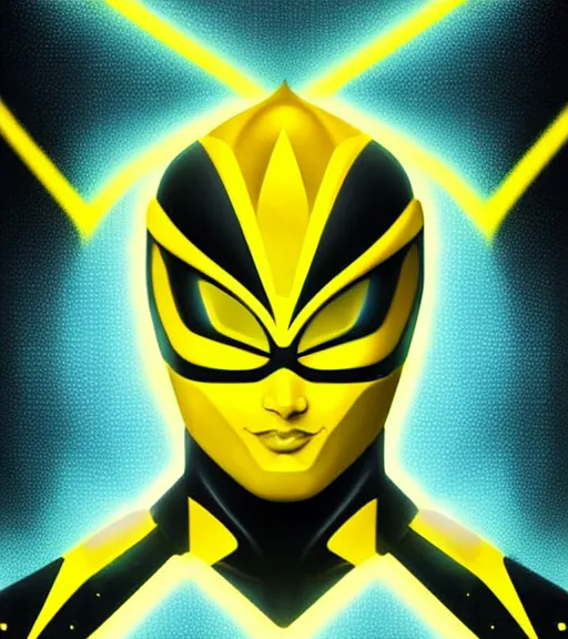 Prompt: symmetry!! yellow ranger, lightning - bolt - shaped eyes!!, hard edges, product render retro - futuristic poster scifi, lasers and neon circuits, yellow ranger, thunder, lightning, intricate, elegant, highly detailed, digital painting, artstation, concept art, smooth, sharp focus, illustration, dreamlike, art by artgerm