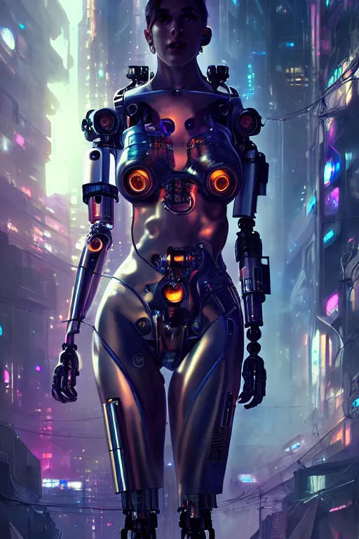 Image similar to ultra realistic, beautiful female cyborg in a crowded smoky cyberpunk club in space megalopolis, sci - fi, intricate details, eerie, highly detailed, octane render, 8 k, art by artgerm and alphonse mucha and greg rutkowski