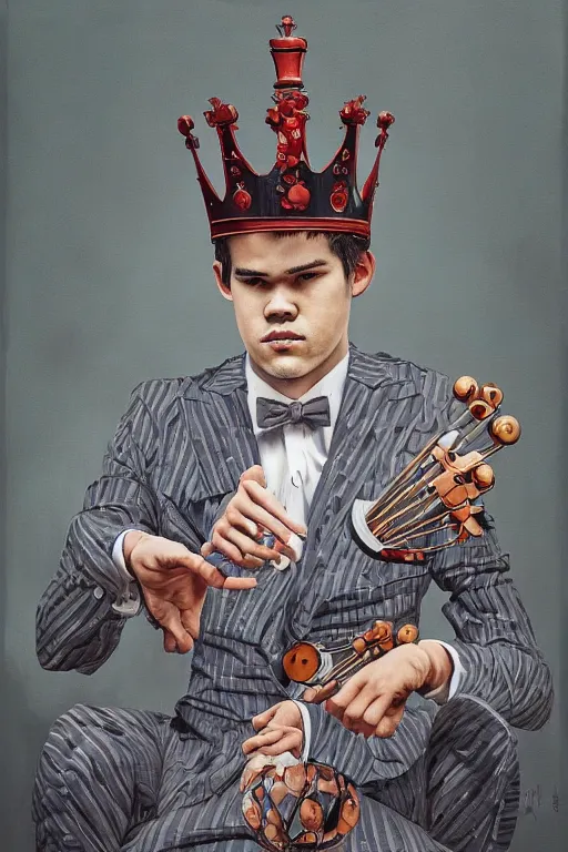 Image similar to a painting of magnus carlsen as king of chess, a surrealist painting by james jean, trending on cgsociety, pop surrealism, androgynous, grotesque, angular