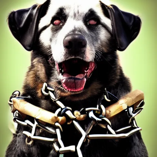 Prompt: gangster courage dog, hd, scary, chains in neck, handgun, explosion behind, dark, smooth, fine,