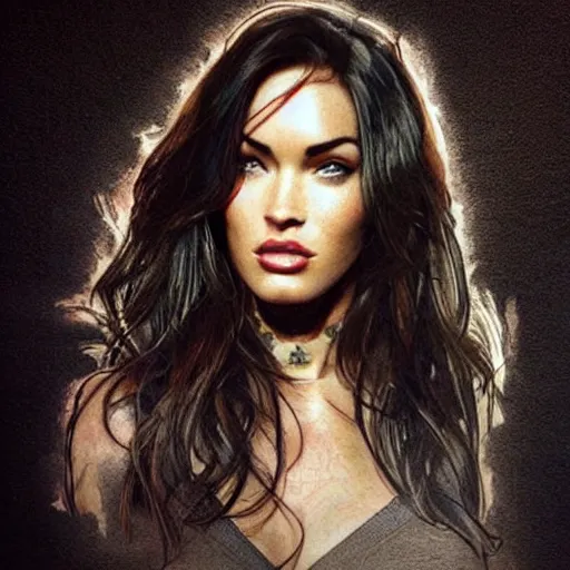 Prompt: double - exposure tattoo sketch of megan fox double - exposure with beautiful mountains, in the style of dan mountford