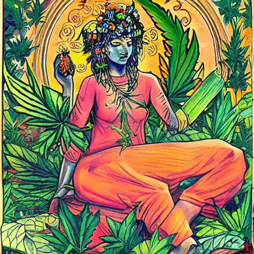 Image similar to goddess of plant medicine, and art detailed painting trending on pixiv, detailed illustration, stylized illustration, vivid colors cannabis