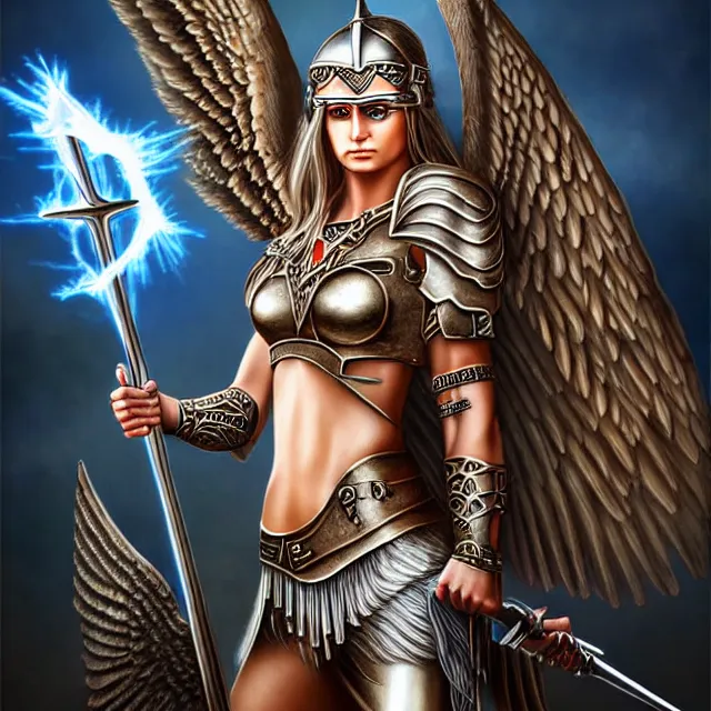 Prompt: beautiful valkyrie warrior with light powers, highly detailed, 4 k, hdr, smooth, sharp focus, high resolution, award - winning photo, anne stokes, photorealistic