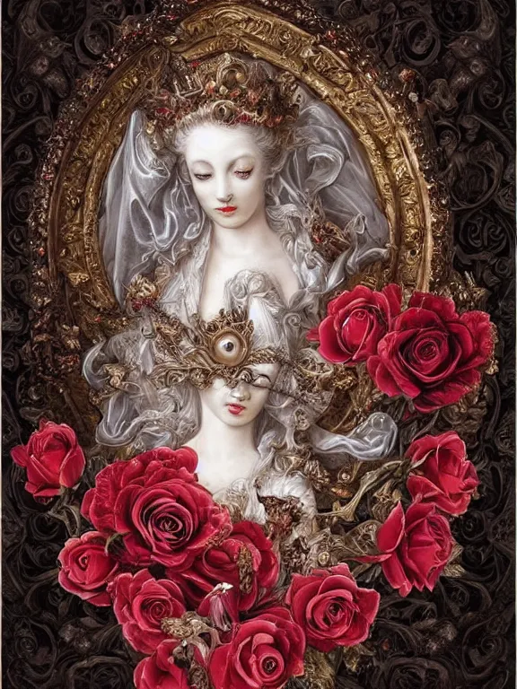 Image similar to a beautiful render of a recatholic rococo roses veiled red queen with baroque symmetry intricate detailed ,heart,pray,love,crystal-embellished,by Daveed Benito,LEdmund Leighton,Virginie Ropars,aaron horkey,Billelis,trending on pinterest,maximalist,glittering,golden ratio,cinematic lighting