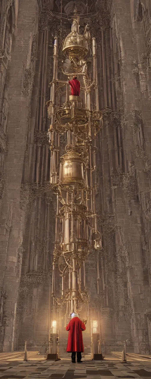 Image similar to Man in a retrofuturistic Moebius inspired costume standing in a catholic cathedral and watching up a giant bell with pipes coming from it, low camera, dark souls, realistic, octane rendered, uplight, unreal engine, paint textures, highly detailed