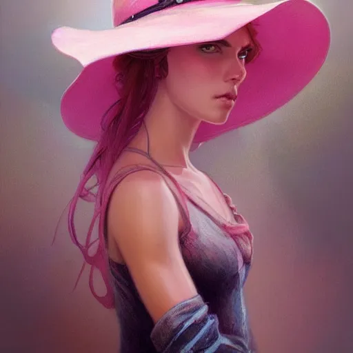 Image similar to Pink cowboy hat, highly detailed, digital painting, artstation, concept art, smooth, sharp focus, illustration, art by artgerm and greg rutkowski and alphonse mucha