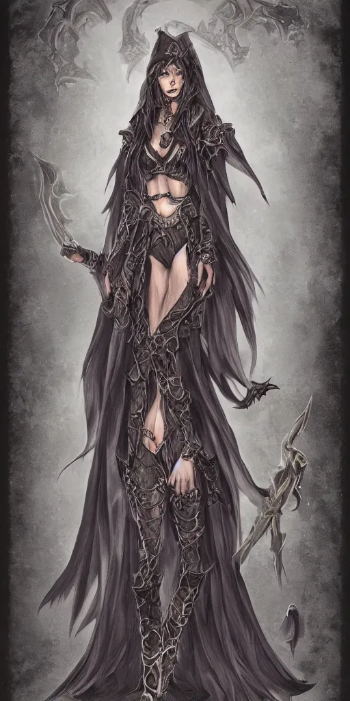 Image similar to a full body portrait of a dark and enchanting female mage