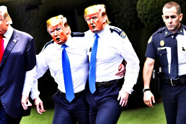 Prompt: Donald Trump in handcuffs escorted by two FBI agents at Mar-a-lago, photo