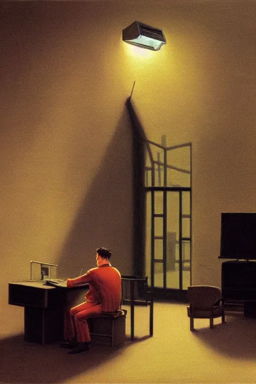 Image similar to Security guard sitting in a chair and watching an array of TV monitors while smoking a cigarette, highly detailed, soft lighting, elegant, Wayne Barlowe, Edward Hopper and James Gilleard, Zdzislaw Beksinski, Steven Outram, highly detailed