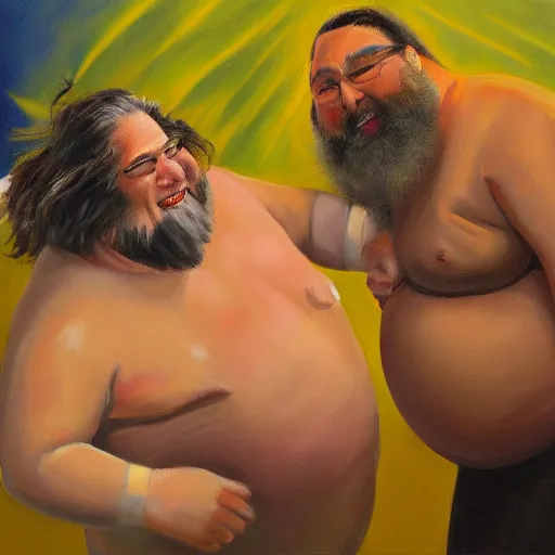 Prompt: oil painting of richard stallman sumo wrestling with bill gates, trending on artstation