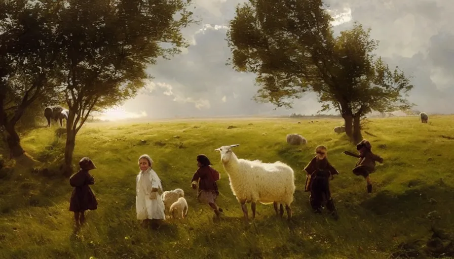 Image similar to simple amish shepherd and children with flocks of sheep in open fields, art by anders zorn, wonderful masterpiece by greg rutkowski, beautiful cinematic light, american romanticism thomas lawrence, greg rutkowski