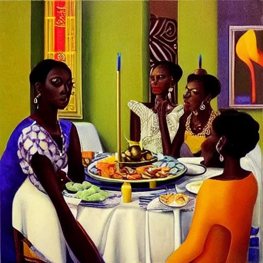 Prompt: dark skinned people eating at a regal buffet ultra detailed beautiful setting elegant event nigerian party minimalist gold ornaments iridescent lighting glamour traditional ceremony contemporary in the style of edward hooper and henri matisse yinka shonibare oil painting