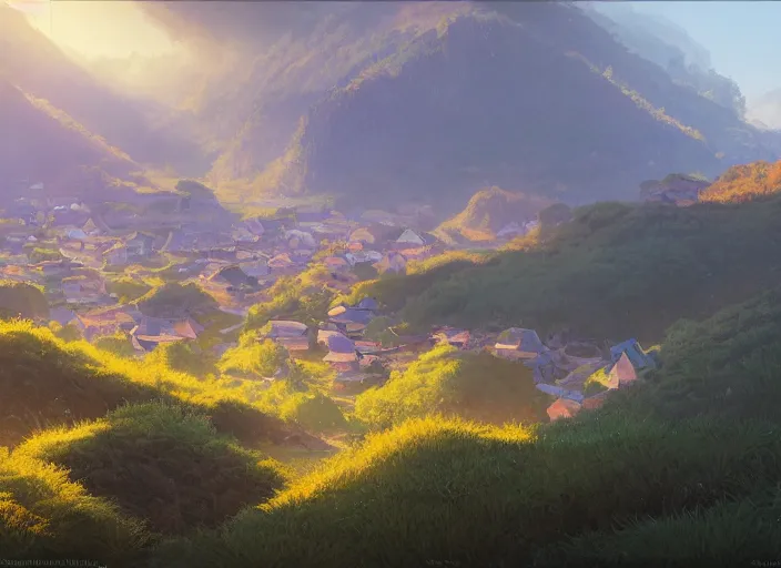 Image similar to concept art painting of a distant small woodland village in a valley seen from above, european japanese buildings, early morning, cel shaded, detailed, realistic, by makoto shinkai and moebius and greg rutkowski and james gurney