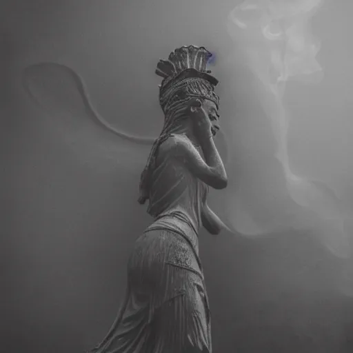 Prompt: sculpture of Cleopatra on the rain, faith, full body, low angle, night, surrounded by smoke, shadows, award winning photography