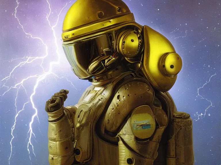 Prompt: a detailed profile oil painting of an advanced shock trooper in a spacesuit with reflective helmet, technology flight suit, portrait symmetrical and science fiction theme with lightning, aurora lighting clouds and stars by beksinski carl spitzweg and tuomas korpi. baroque elements, full-length view. baroque element. intricate artwork by caravaggio. Trending on artstation. 8k