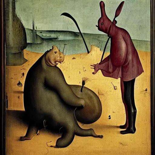 Image similar to oil painting by hieronymous bosch of a hippopotamus and a man wearing a hat.