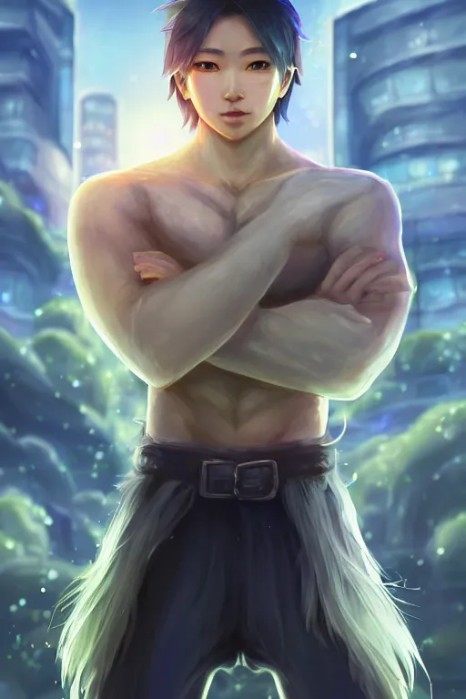 Image similar to fullbody portrait of a male fit hero with strange hairs, soft smile, final fantasy, league of legends champion, strong iridescent light, by chengwei pan and sakimichan, gradient white to gold, in front of a magical building background, highly detailed portrait, digital painting, smooth, focus illustration
