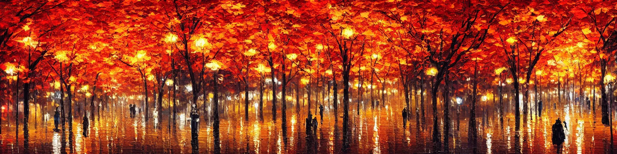 Image similar to painting of autumn japanese city landscape during night, award winning painting, beautiful, breathtaking, stunning scenery, trending on artstation, masterpiece