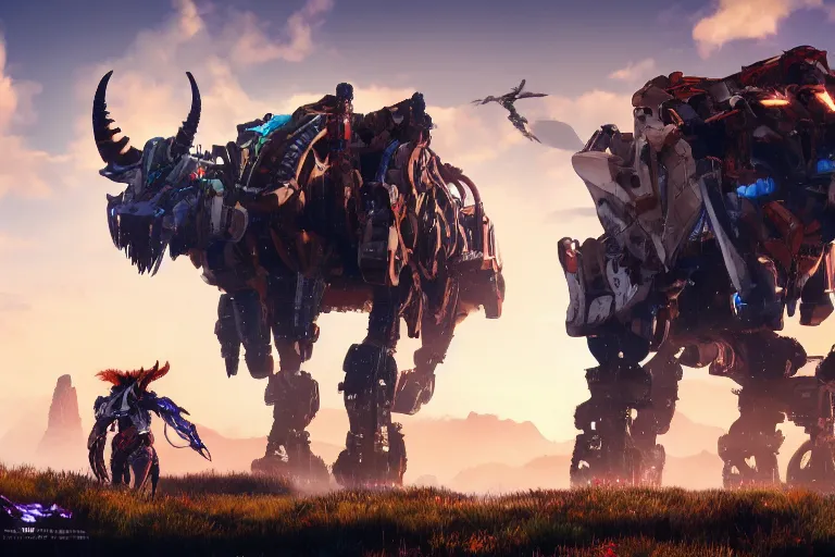 Image similar to grimhorn fanghorn machine mecha animal beast robot of horizon forbidden west horizon zero dawn bioluminiscence global illumination ray tracing hdr fanart arstation by sung choi and eric pfeiffer and gabriel garza and casper konefal