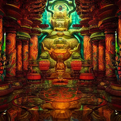 Image similar to Photorealistic inside a temple made of snakes. Hyperdetailed photorealism, 108 megapixels, amazing depth, glowing rich colors, powerful imagery, psychedelic Overtones, 4D, 3D Shading, 3D cinematic lighting, finalrender, artstation concept art