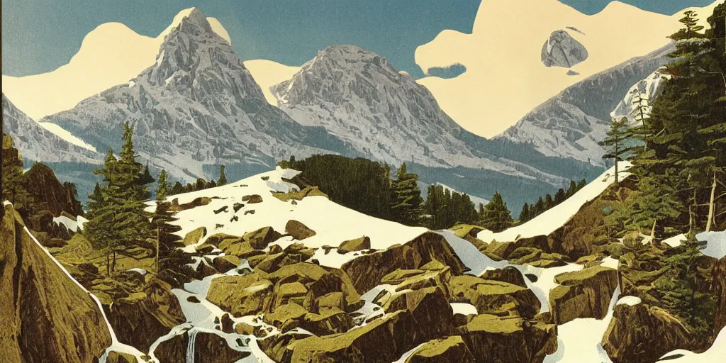 Prompt: beautiful idyllic poster illustration for a craggy snow valley national park by ludwig hohlwein