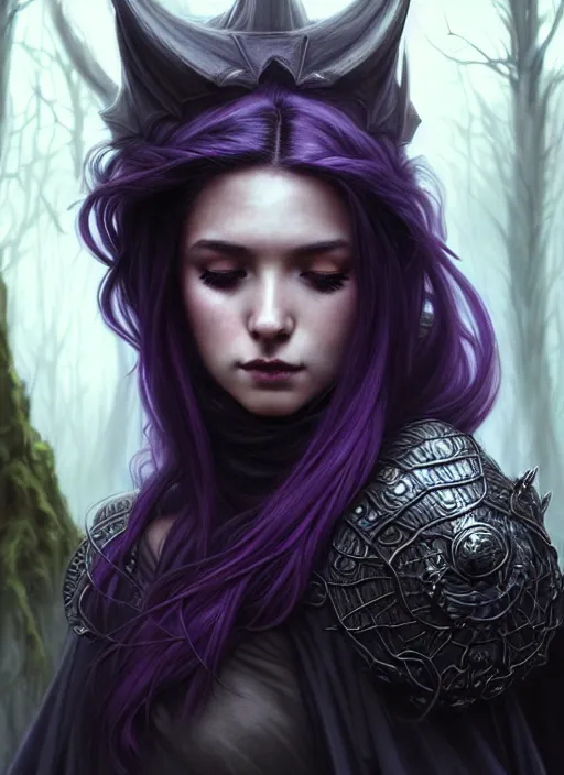 Prompt: cinematic side portrait rugged girl, adventurer outfit large cloak, fantasy forest landscape, dragon scales in hair, fantasy magic, undercut hairstyle, short purple black fade hair, dark light night, intricate, elegant, sharp focus, illustration, highly detailed, digital painting, concept art, matte, art by WLOP and Artgerm and Greg Rutkowski and Alphonse Mucha, masterpiece