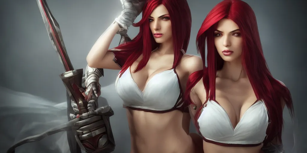 Image similar to Katarina from League of Legends, photorealistic studio portrait, studio lighting, unreal engine 5, hyperrealistic, dynamic lighting, white ambient background, realistic, highly detailed