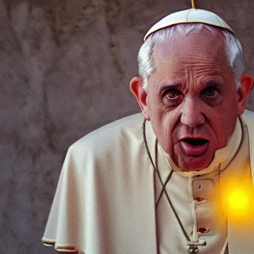 Prompt: the popes evil twin, horrific, yellow demonic eyes