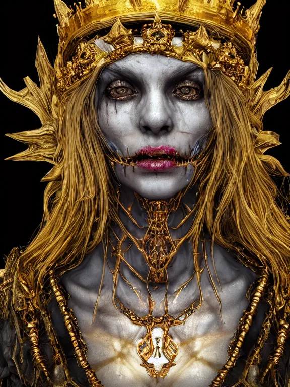 Prompt: portrait art of 8k ultra realistic undead witch queen,detailed gold crown, decaying, cybernetic, full of colour, cinematic lighting, battered, trending on artstation, 4k, hyperrealistic, focused, extreme details,unreal engine 5, cinematic, masterpiece, art by ayami kojima, giger