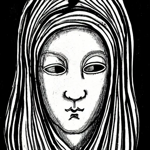 Image similar to an ink drawing of da vinci style white tragedy mask